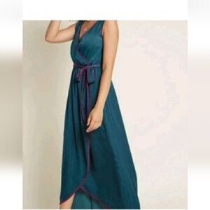 Vintage Faux Wrap Satin Teal Maxi Dress